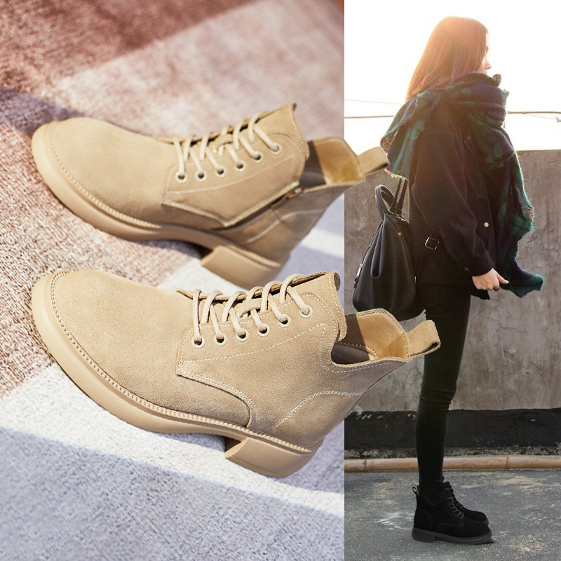 秋冬新款磨砂牛皮马丁靴女英伦风复古V口短靴六孔侧拉链中筒靴子