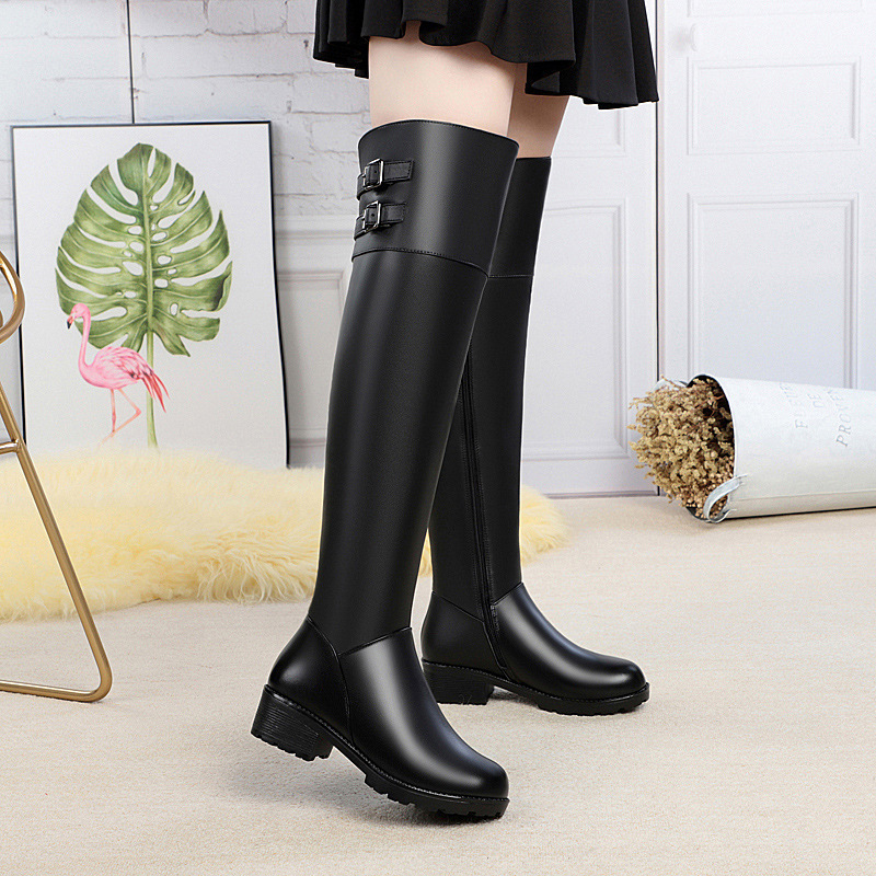 2025年真皮年过膝长筒靴长靴冬季加绒保暖女靴子粗跟羊毛马靴