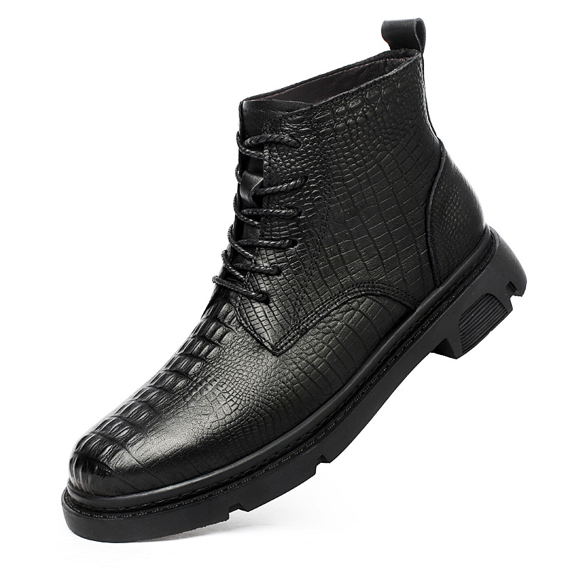 工装靴男高帮英伦风男鞋鳄鱼纹季新款中帮加绒保暖棉马丁靴鞋子男