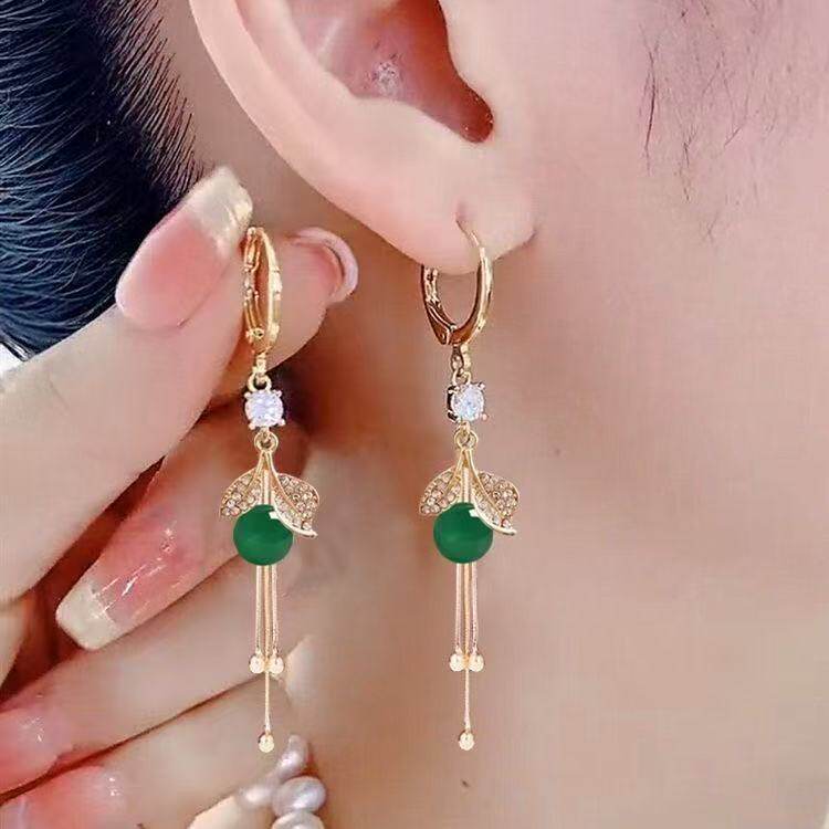 韩式清新镶钻树叶田园风绿色猫眼石流苏耳扣设计感潮流精致耳饰品