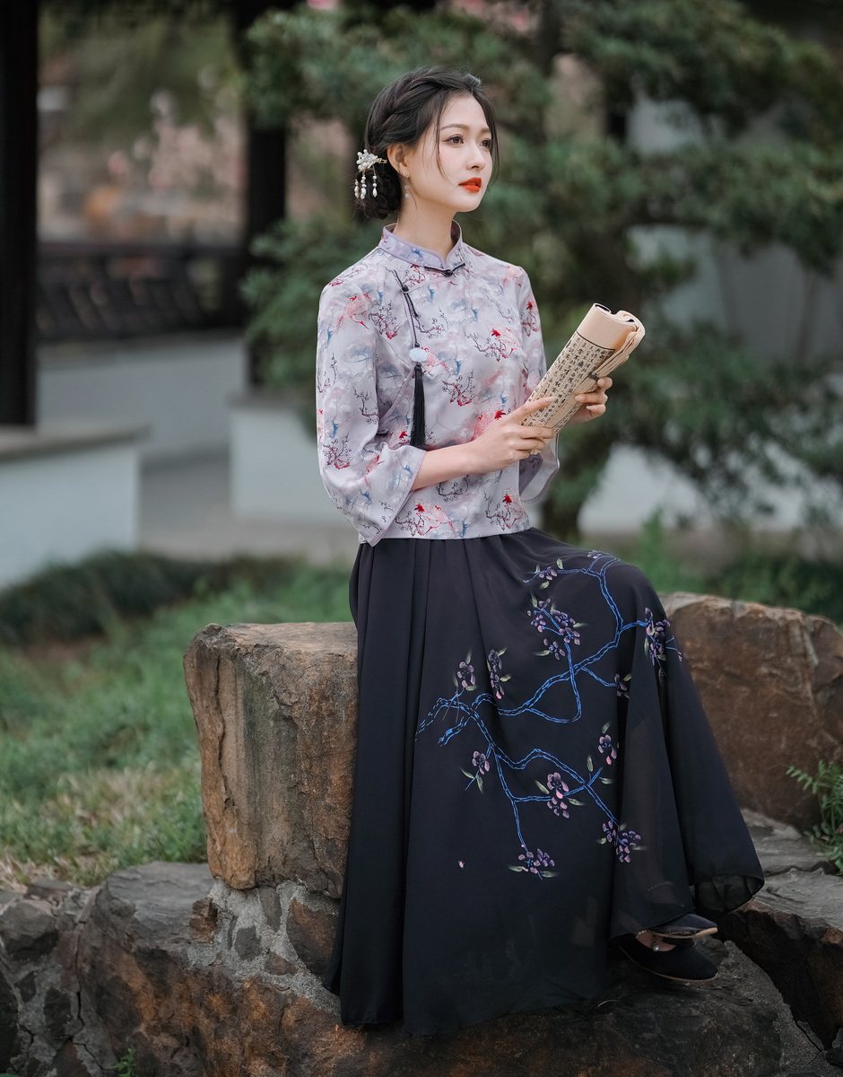 夏季新款复古大摆修身新中式改良汉服上衣套装