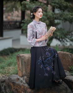 夏季新款复古大摆修身新中式改良汉服上衣套装
