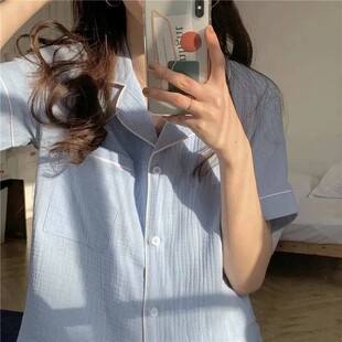少女软糯棉麻料睡衣女夏天新款ins风纱布短袖短裤甜美家居服套装