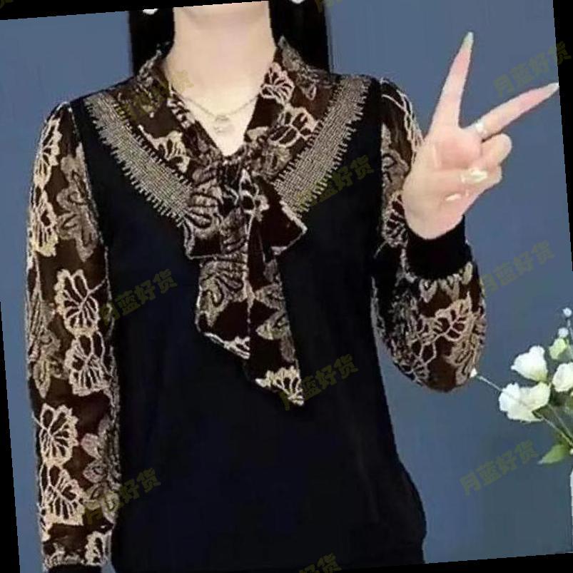 高档蕾丝假两件拼接上衣女2023秋冬新款遮肚妈妈装长袖加绒打底衫