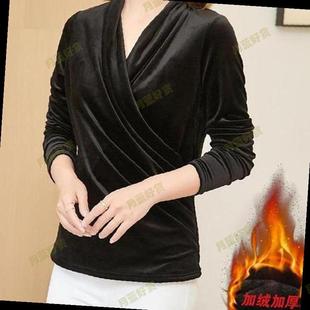 黑色V领金丝绒长袖T恤女加绒加厚修身收腰褶皱上衣保暖妈妈打底衫