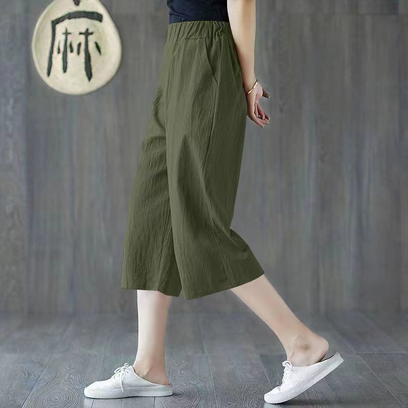 夏天新款纯棉阔腿裤女2024薄款简约百搭潮流韩版休闲裤棉麻七分裤