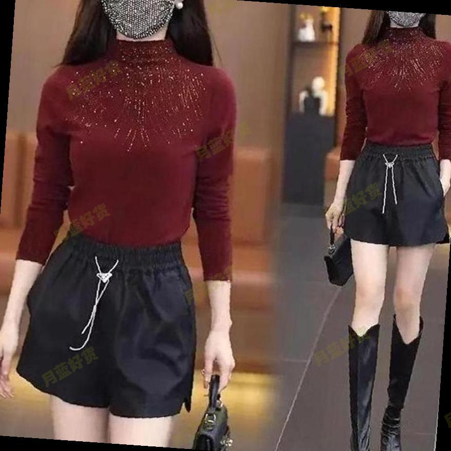 半高领长袖打底衫女秋冬2025新款枣红色上衣高级感烫钻修身打底衣