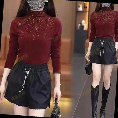 半高领长袖打底衫女秋冬2025新款枣红色上衣高级感烫钻修身打底衣