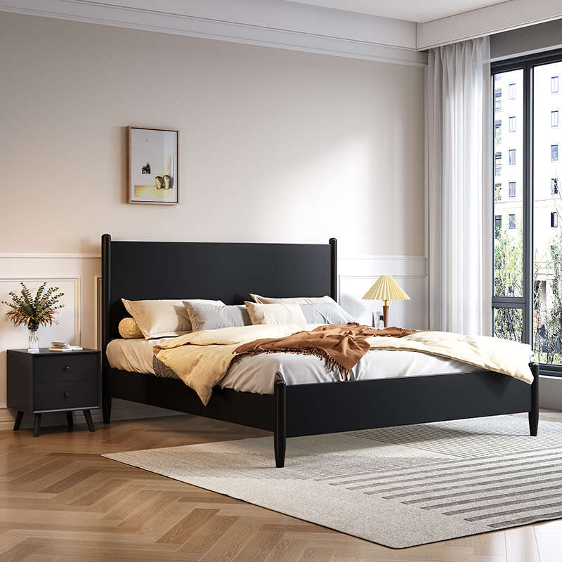 黑色全实木床现代简约主卧乘两米二双人床2米x2米大床北欧实木床