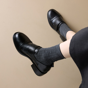 英伦风复古深口单鞋女款圆头中跟小皮鞋百搭舒适通勤乐福鞋显脚小