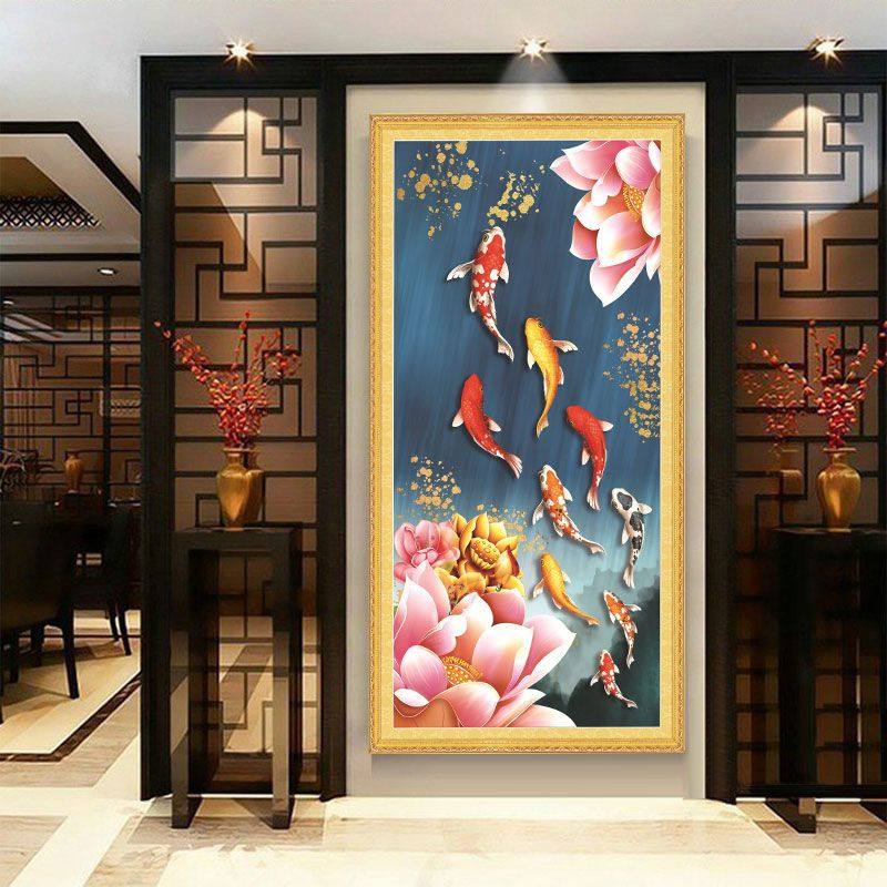 竖版荷花九鱼图蒙娜丽莎十字绣新款线绣满绣客厅竖玄关莲花中国风,居家布艺,十字绣成品,淘宝优惠券,粉丝福利购,淘宝优惠卷