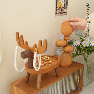 北美樱桃木入户玄关钥匙收纳架轻奢摆件鹿形置物架首饰品展示盘