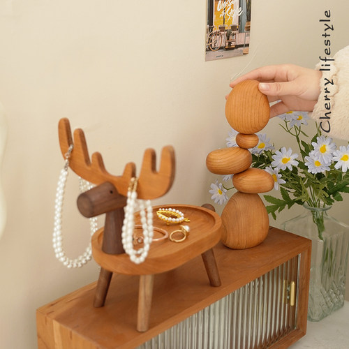 轻奢实木鹿形实木摆件钥匙收纳架