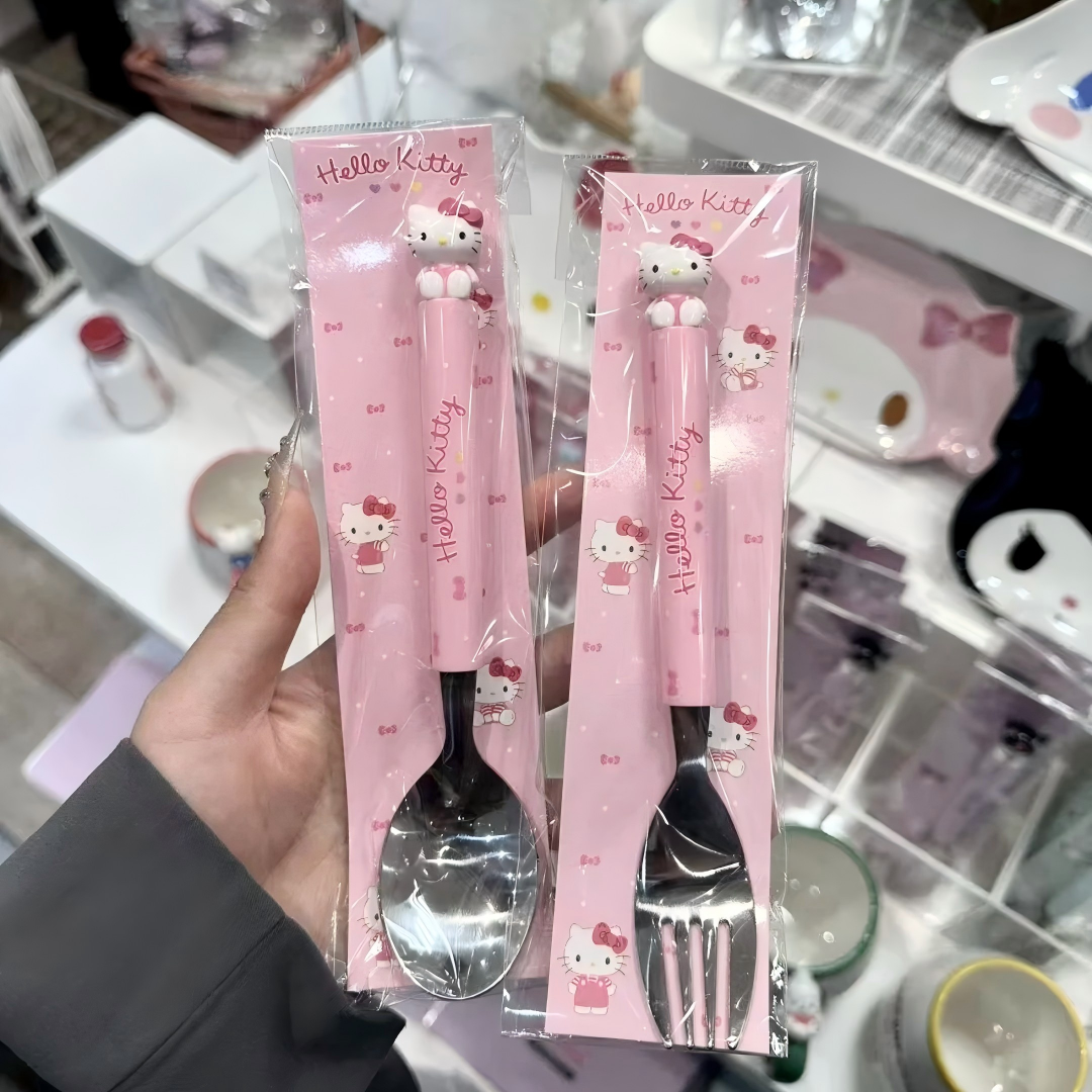 日本sanrio三丽鸥 立体卡通餐具家用叉子吃饭勺kitty成人儿童筷子