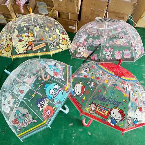 日本进口卡通三丽鸥凯蒂猫透明雨伞儿童学生上学轻便长柄伞55cm
