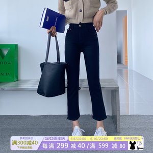 蓝韩50351-1黑色烟管牛仔裤女春秋2024新款高腰弹力九分直筒裤潮