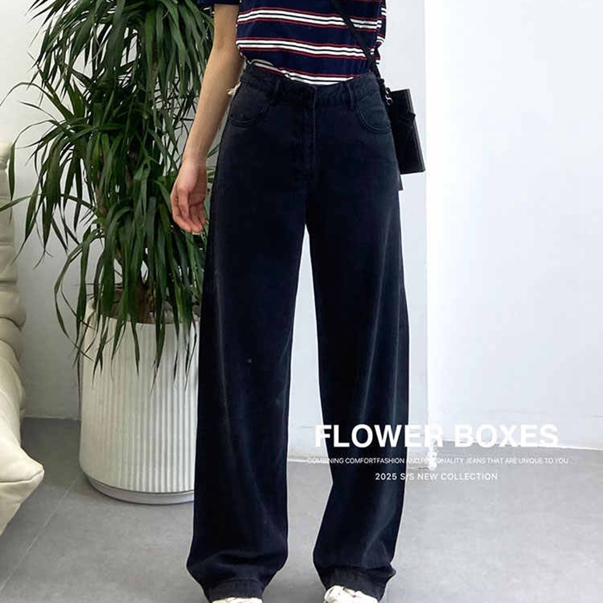 flower花匣子黑色薄款直筒牛仔裤女2025夏季高腰窄版拖地裤子2212