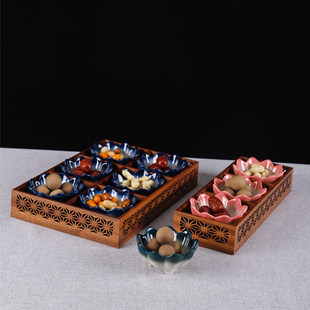 围炉煮茶九宫格托盘木质镂空雕花托盘日料拼盘实木干果盘盒套装