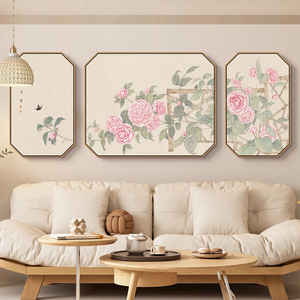 原创客厅花鸟三联装饰画新中式沙发背景牡丹挂画雅致茶室卧室壁画
