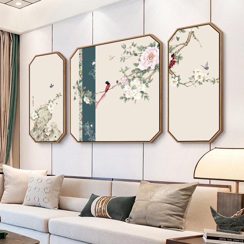 新中式客厅牡丹三联画挂画沙发背景墙装饰画书房茶室壁画花鸟墙画