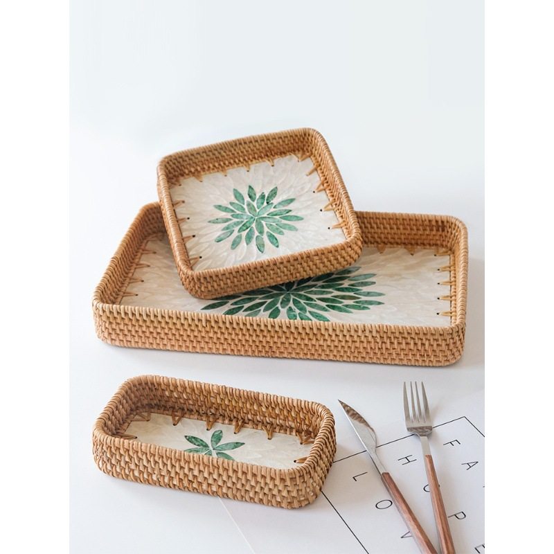 自然而然藤编贝壳托盘水果盘家用客厅点心收纳茶盘方形托盘三件套,餐饮具,果盆/果盘/果篮,淘宝优惠券,粉丝福利购,淘宝优惠卷