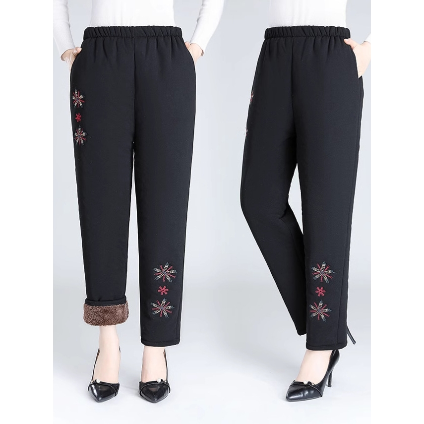 中老年加绒加厚羊羔绒裤子奶奶保暖绣花棉裤妈妈冬季三层夹棉裤子