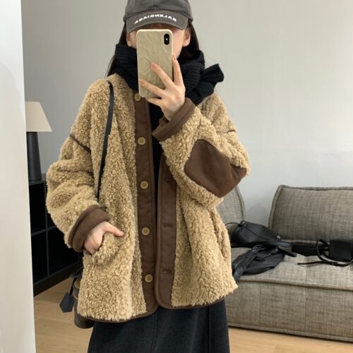 冬季麂皮拼接撞色宽松羊羔毛外套
