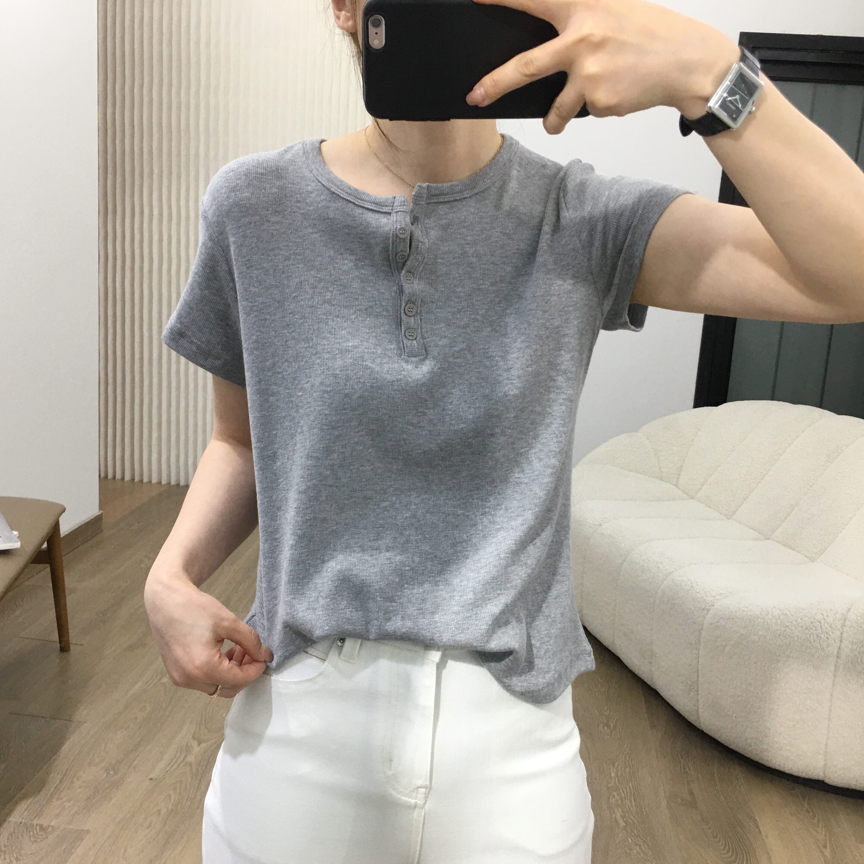 极简风螺纹短袖上衣T恤女