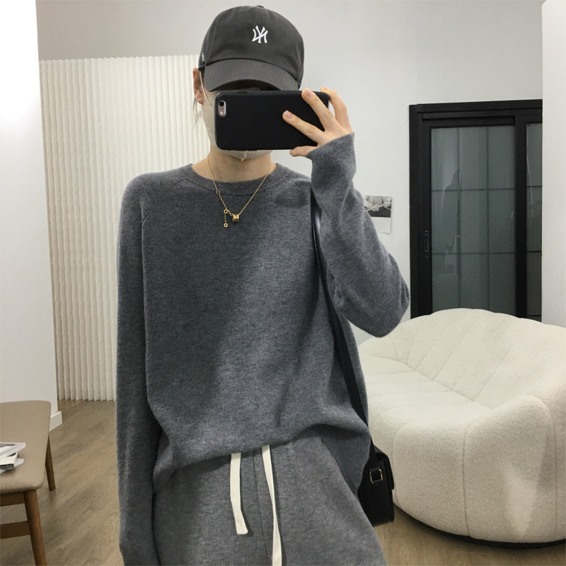细米定制春秋基础款圆领插肩袖纯色针织衫女韩版宽松百搭软糯毛衣