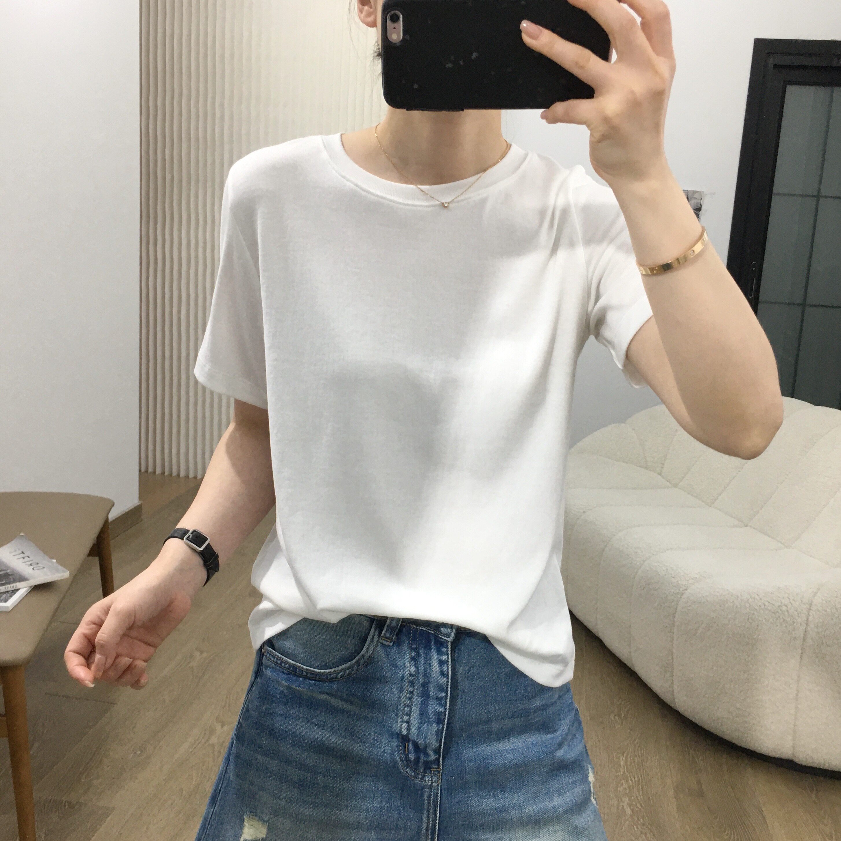 细米定制 莱赛尔冰爽tee韩版宽松圆领显瘦上衣纯色基础百搭短袖女