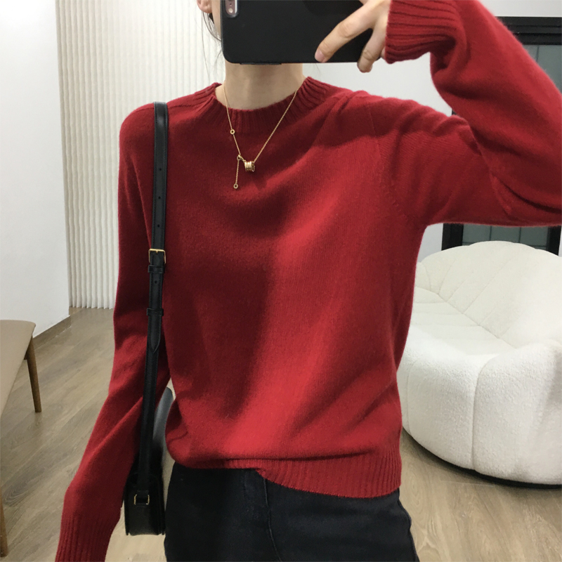 圣诞新年红无缝一体全羊毛毛衣
