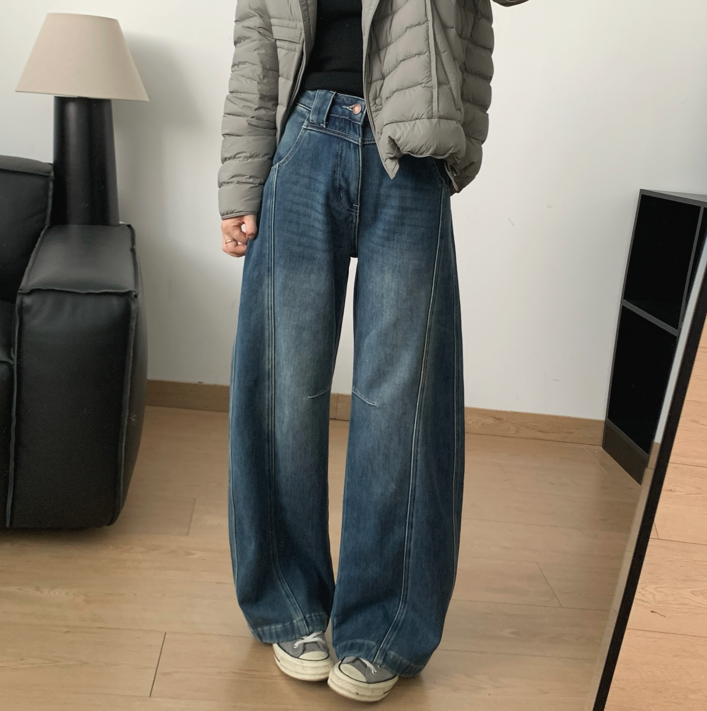 加厚加绒复古牛仔阔腿裤