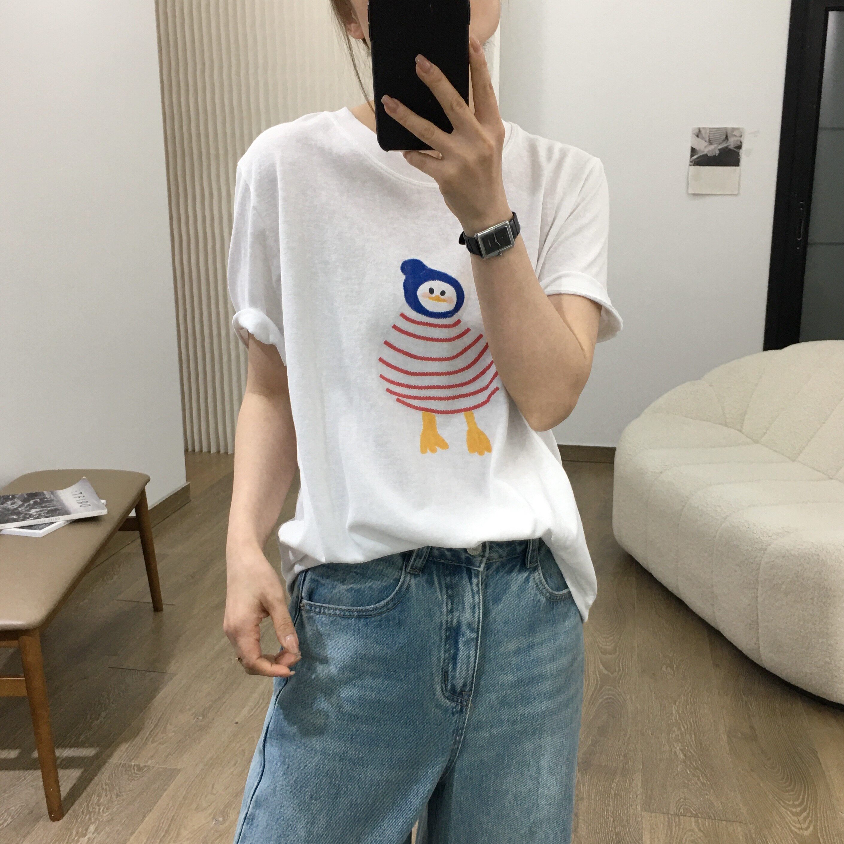 细米定制舒服tee雪花棉卡通小鸭子印花圆领短袖T恤女宽松减龄上衣