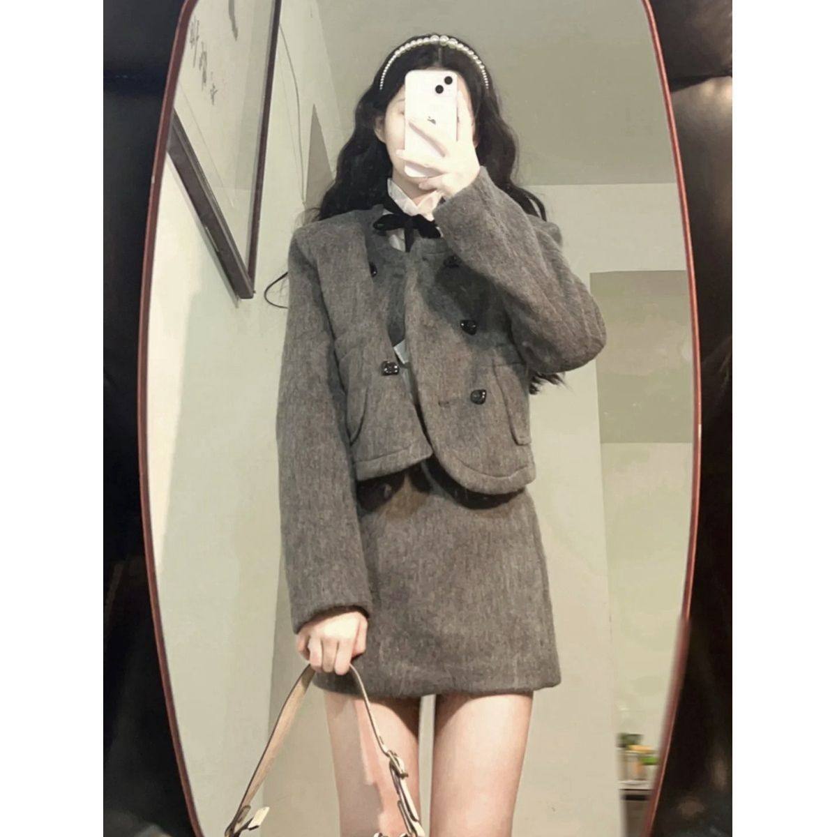 小香风毛呢时尚套装裙女秋新款复古小西装半身裙两件套茶系穿搭