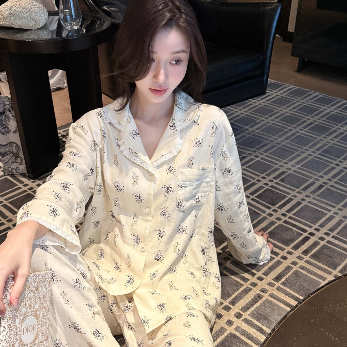 小清新甜美少女宽松感碎花睡衣女春秋纯棉长袖长裤家居服外穿套装