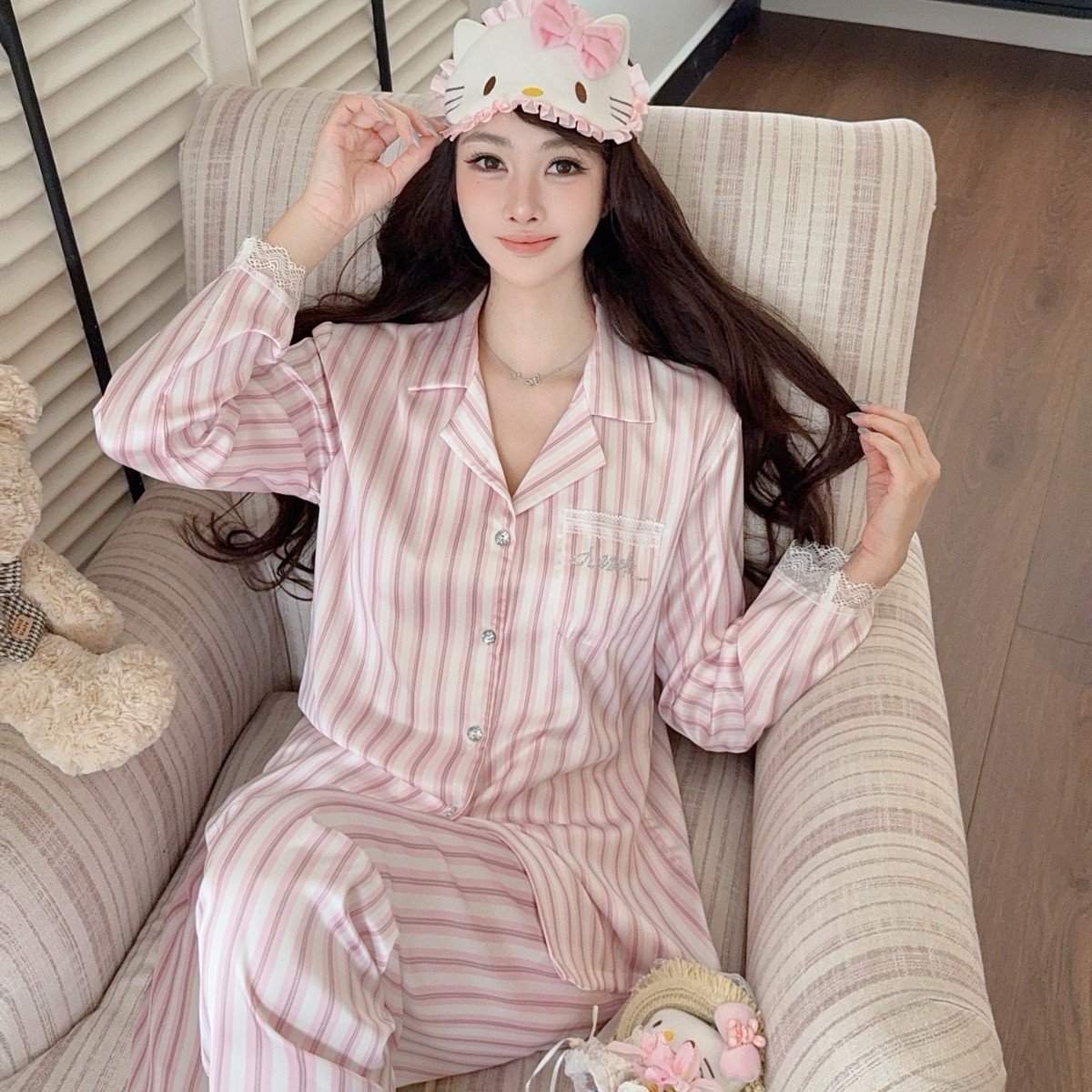 粉色条纹睡衣女春秋冰丝绸长袖长裤套装少女感甜美蕾丝薄款家居服