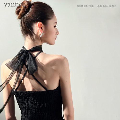 vantice 法式浪漫绝美气质挂脖蝴蝶结露背无袖背心外穿短款上衣