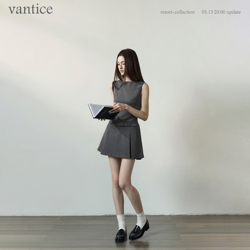 vantice 复古千金格雷系气质波点船领无袖背心裙修身掐腰连衣裙子