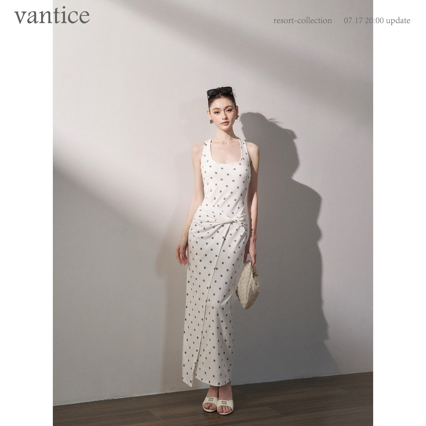 vantice 法式复古波点U领吊带连衣裙海边度假露背扭结弹力长裙子