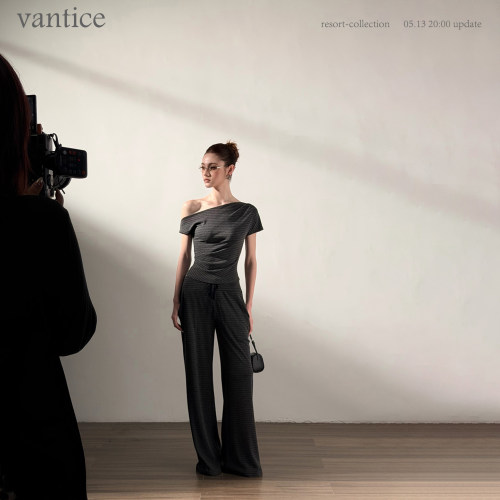vantice 百搭休闲条纹三件套装露肩短袖T恤抽绳短裤垂感阔腿长裤