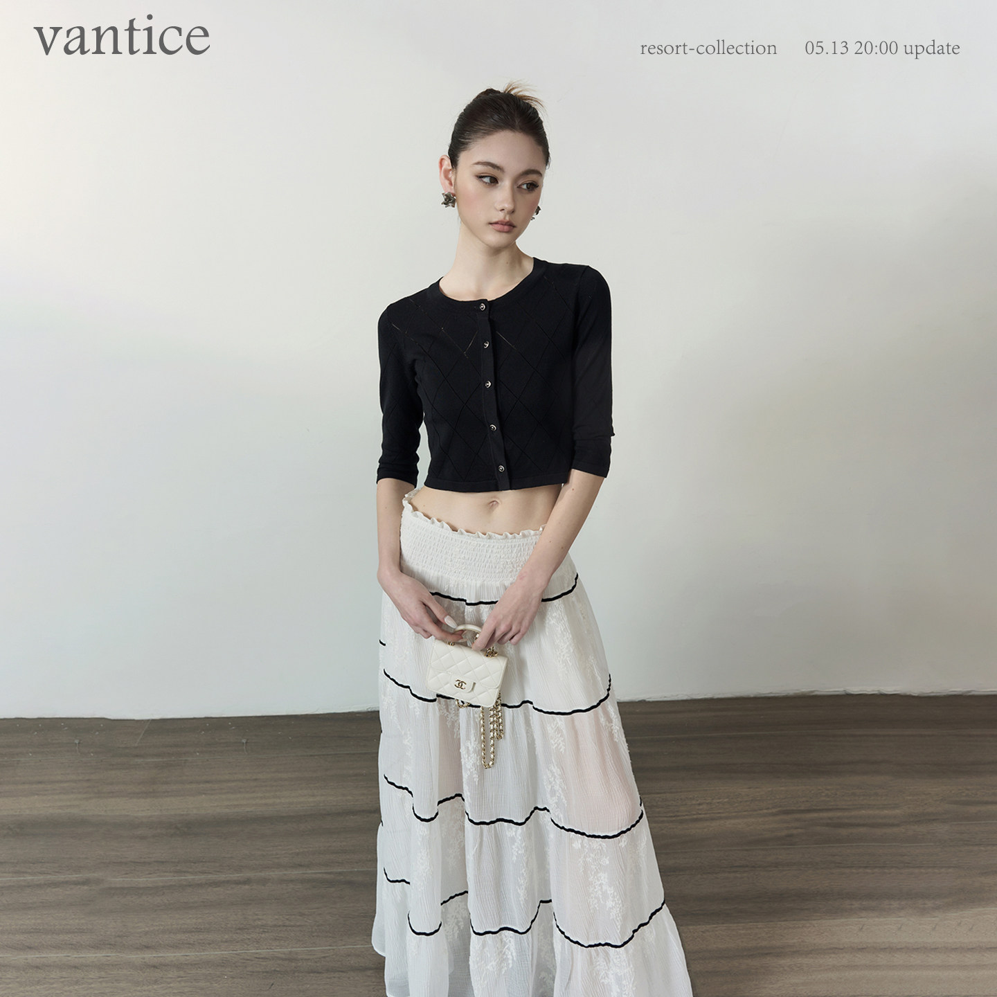vantice 黑色气质莱赛尔菱格镂空短款中袖外搭上衣防晒衫针织开衫