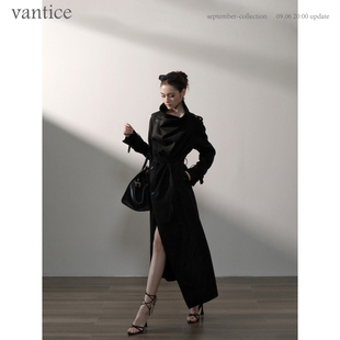 vantice 秋冬气质时髦条纹中长款经典翻领风衣宽松显瘦大衣外套女