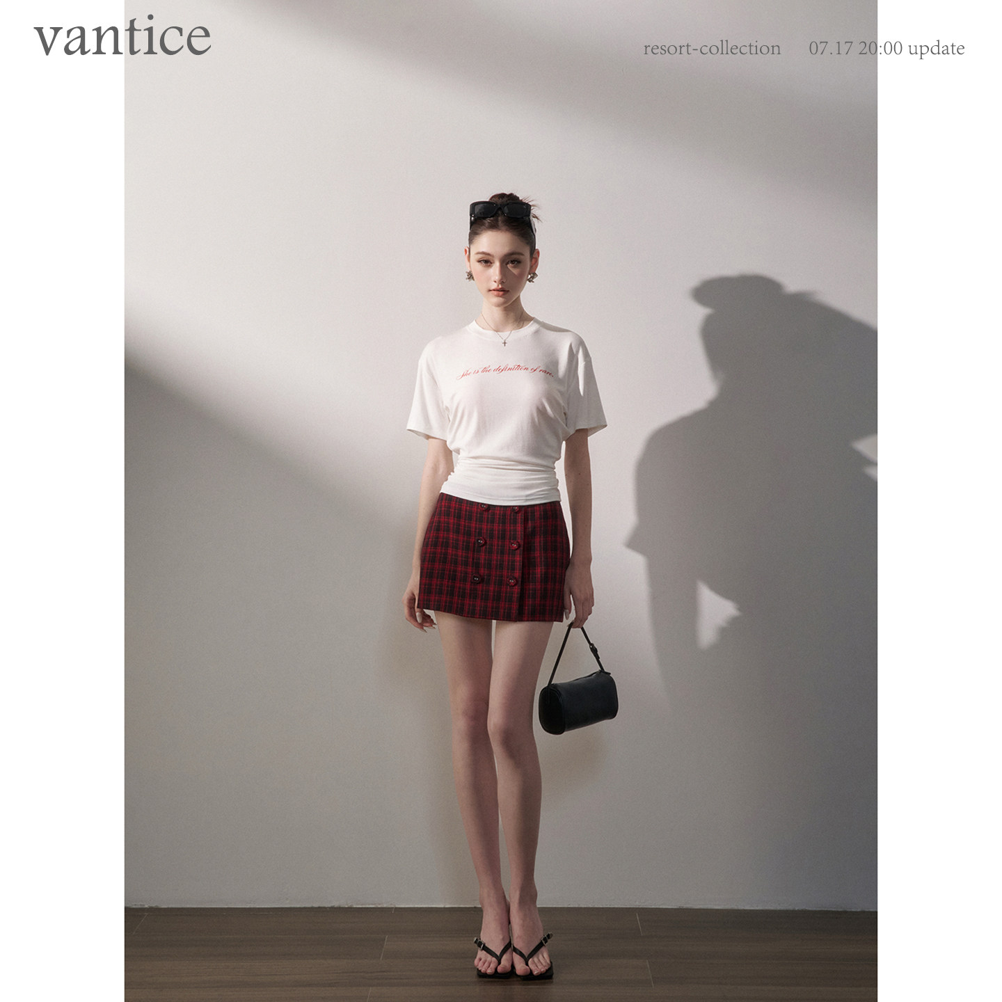 vantice 高智感知性复古低腰显瘦包臀短裙双排扣格纹防走光半裙子