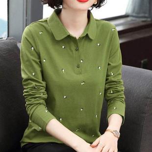2026春秋新款长袖t恤女中年妈妈宽松显瘦百搭polo衫翻领上衣大码