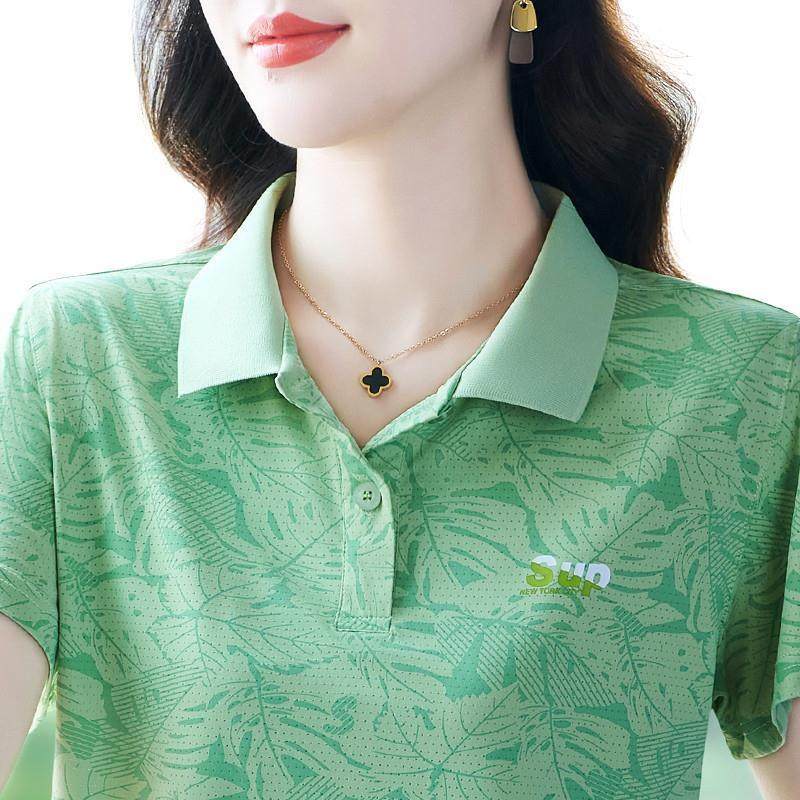 新款冰丝短袖t恤女夏时尚洋气妈妈polo衫印花速干上衣百搭翻领薄