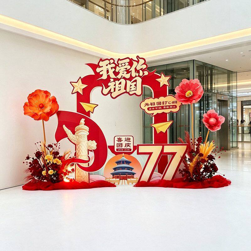 红色大型仿真花艺落地摆件国庆商场门店橱窗商业美陈装饰假花套装