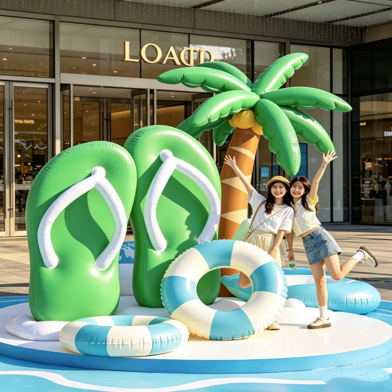 夏日主题美陈充气拖鞋泳圈椰子树气模美陈摆件拍照打卡背景道具
