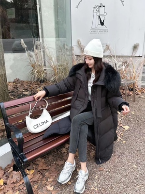 2025冬季新款大毛领羽绒服女中长款过膝加厚黑色连帽宽松外套