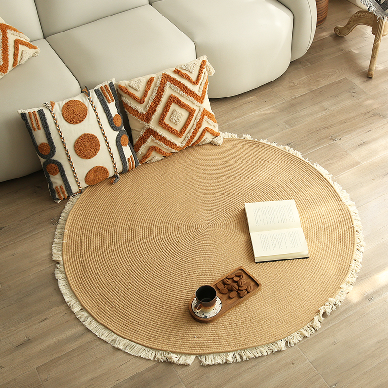 黄麻地垫北欧圆形纯色手工编织流苏地毯家用卧室梳妆台椅子床边毯