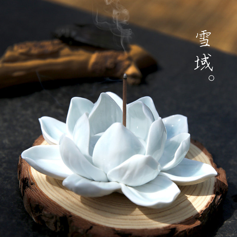 手工原创香插 雪域 原创禅意白色莲花荷花香盘托镇纸香薰炉瓷器